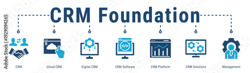 CRM Foundation web banner icon vector illustration with CRM, Cloud CRM, Digital CRM, CRM Software, CRM Platform and CRM Solutions