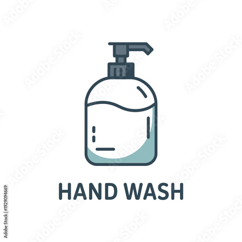 Simple illustration of a hand soap dispenser with text below it