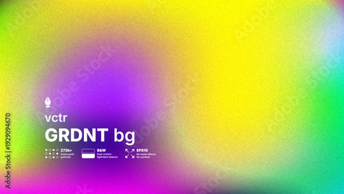 Abstract vector background with cinematic grainy mesh gradient in vivid yellow, purple and green colors. High detail digital noise texture simulating retro film grain for trendy visual aesthetic.