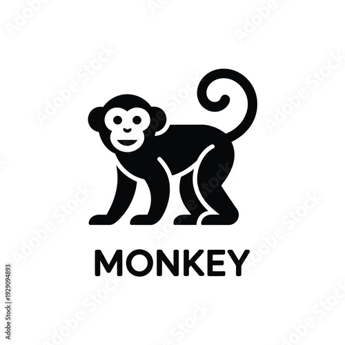Simple black silhouette of a monkey with the word monkey below