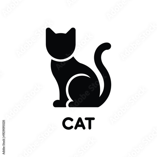 Simple black silhouette of a seated cat with the word cat below