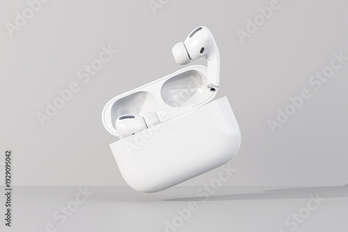 A sleek, white wireless earbuds case floats in mid-air, open with one earbud partially out, against a light gray background