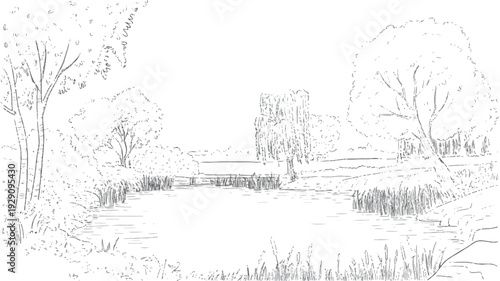 serene landscape with trees and a body of water and a bridge