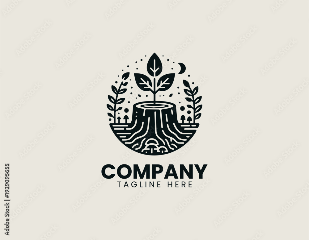 Obraz premium Sprouting plant from tree stump with forest elements in clean modern vector illustration style