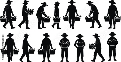 Black silhouette of farmers carrying baskets of fresh vegetables, gardening men and women harvesting organic crops, agricultural workers isolated on white background.