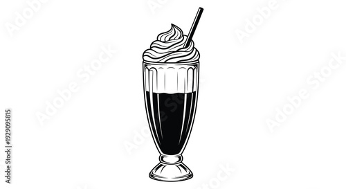 A detailed black and white illustration of a chocolate milkshake in a tall glass featuring a whipped cream top silhouette