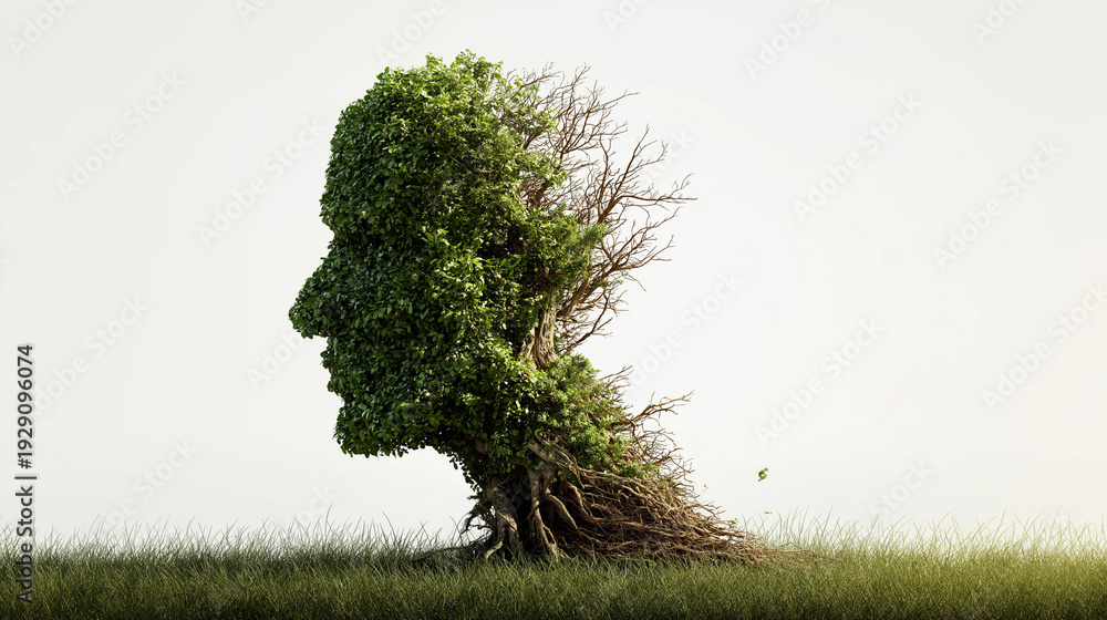 Fototapeta premium Brain Function Loss Concept – Dementia and Alzheimer’s Disease Tree Shaped Human Head with Falling Leaves