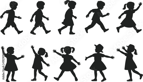 Children, silhouette, collection, kids, playing, running, dancing, jumping, walking, childhood, fun, boys, girls, activity, playful, movement, people, isolated, set, concept