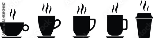 Black silhouette set of coffee cups and mugs with steam, featuring various designs including espresso cups, tea mugs, and takeaway paper cup,
