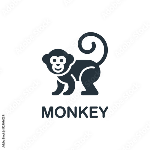 Simple graphic illustration of a dark silhouette monkey with text below