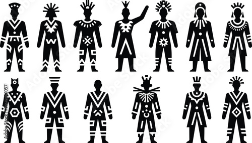 Collection of Tribal Native Warrior Silhouettes in Traditional Costumes Isolated on White Background for Cultural Design Projects