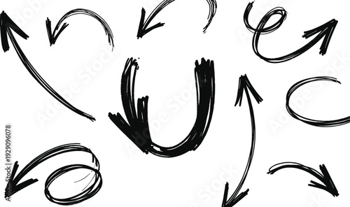 Hand Drawn Black Brush Arrows Set in Various Directions Isolated on White Background for Design and Infographic Elements