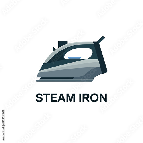 A modern stylized steam iron illustration with accompanying text