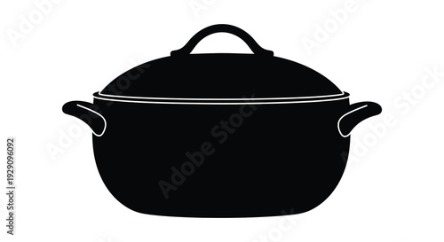 A stark black outline depicts a classic cooking pot with a lid and handles a bold silhouette high quality