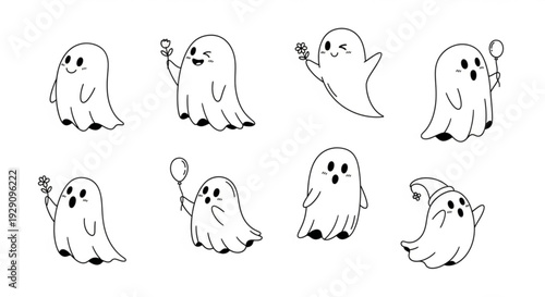 Cute ghost characters with various happy and playful expressions