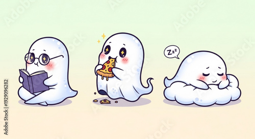 Cute ghost characters reading, eating pizza, and sleeping
