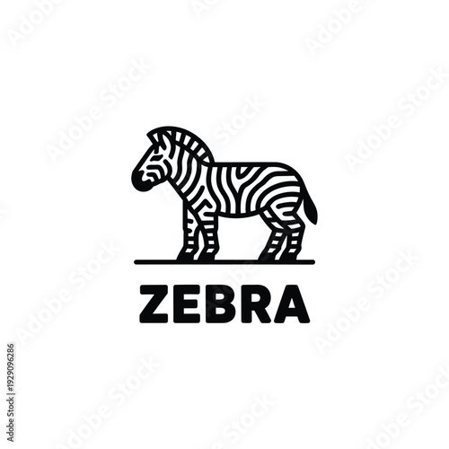 Simple black and white illustration of a zebra with its name below