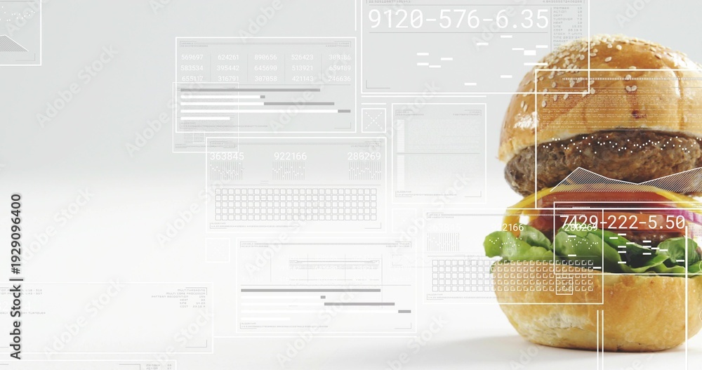Naklejka premium Displaying sesame bun burger sitting on right of studio set, with clear UI readouts, copy space