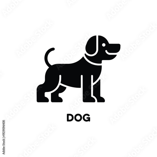 Simple black silhouette of a dog with the word dog below it