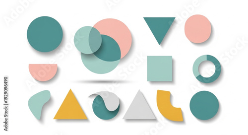 Colorful geometric shapes arranged on a white background, abstract design.