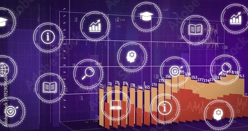 On scene load HUD icons floating while 3D bars rising to show analytics performance