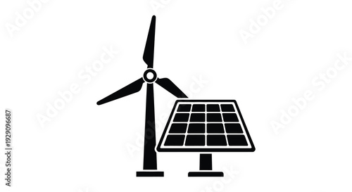 A graphic depiction of a wind turbine and solar panel representing renewable energy sources in silhouette high quality professional