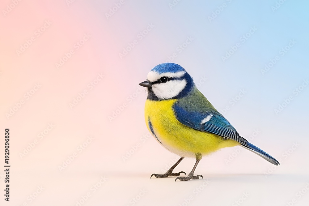 Fototapeta premium Colorful small bird on pastel gradient background, minimal wildlife concept
