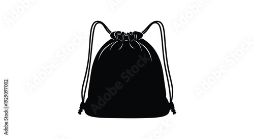 A stark black silhouette of a drawstring backpack against a white background showcasing a simple design silhouette high quality