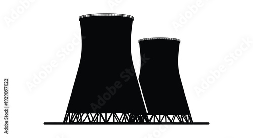 A stark depiction of industrial cooling towers against a white background displaying a bold silhouette high quality professional detailed