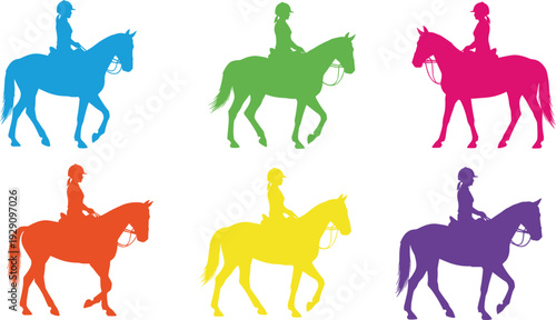 Colorful horse rider silhouettes in various poses and colors blue