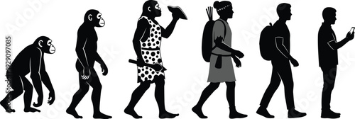 Human Evolution Vector Silhouette from Primitive Apes to Modern Man Using Smartphone Technology Progress and Anthropological Development Graphic Illustration