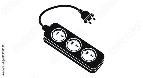 A black power strip with four outlets and a plug is depicted in a minimalist style silhouette high quality