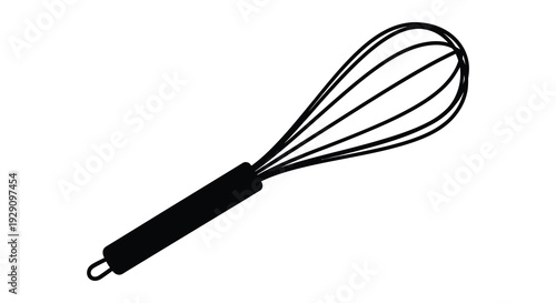 A stark black silhouette of a kitchen whisk against a plain white background emphasizing form and outline silhouette