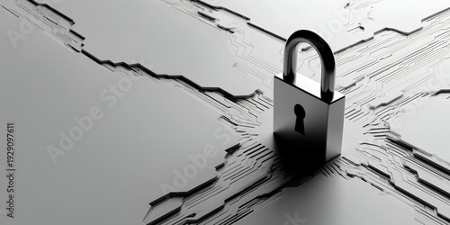 Padlock securing network connections in abstract digital landscape