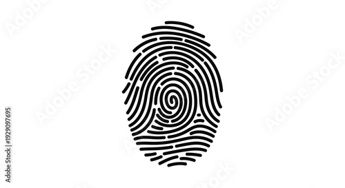 A striking black and white graphic depicts a fingerprint with swirling ridges creating a bold and recognizable silhouette