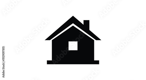 A simple black house icon with a pointed roof and central window displayed as a stark silhouette high quality