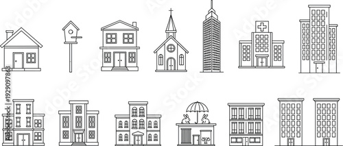 Building and architecture line icon set with house church hospital school and skyscraper outline vector collection
