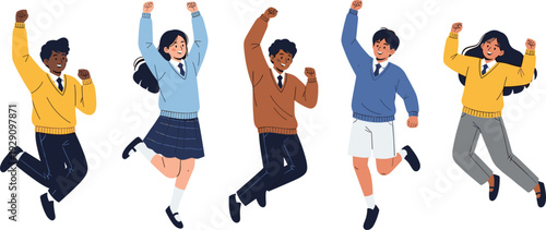 Diverse group of happy students in school uniforms jumping for joy, celebrating success, education concept, achievement, youthful energy, flat vector character illustration