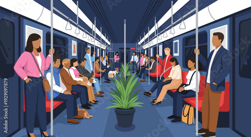 Diverse people commuting on modern subway train with plant in aisle, passengers sitting and standing in metro carriage, flat vector illustration social lifestyle