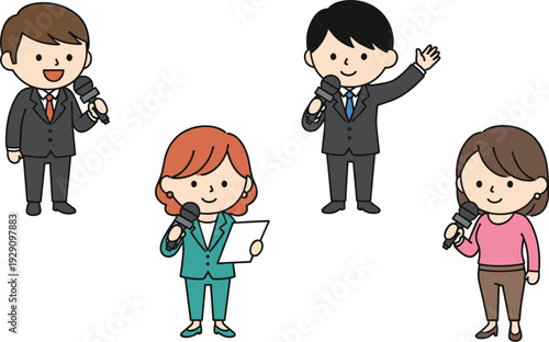 Cartoon news reporter character collection with microphone television presenter broadcasting flat vector illustration set