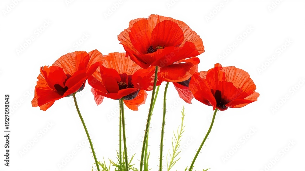 Obraz premium A vibrant bouquet of red poppies with black centers and green stems