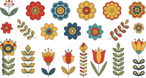 Colorful folk floral collection Scandinavian style flowers and leaves decorative botanical vector illustration set