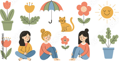 Cute girls with cat and spring flowers collection happy childhood friendship flat vector illustration set