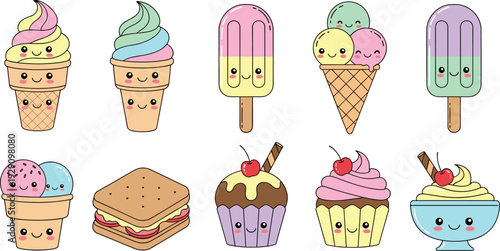 Cute kawaii ice cream dessert collection with smiling characters sweet food cartoon flat vector illustration set
