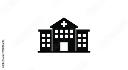 A stark black silhouette depicts a hospital building with a prominent cross atop its roof representing healthcare facilities