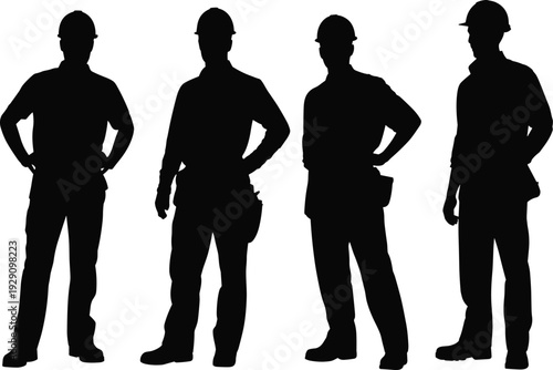 Construction, workers, silhouette, builder, engineer, labor, industry, team, standing, professional, men, safety, helmet, job, workforce, industrial, people, isolated, uniform, concept