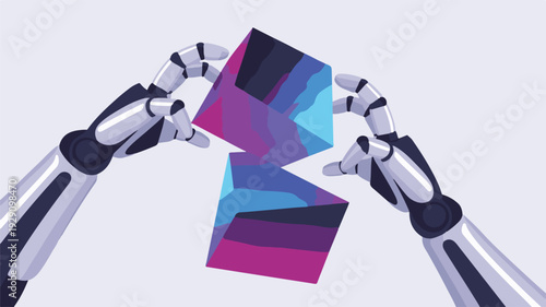 Advanced robotic arms intricately interact with vibrant abstract geometric blocks, representing AI's role in future data processing and innovative digital connection