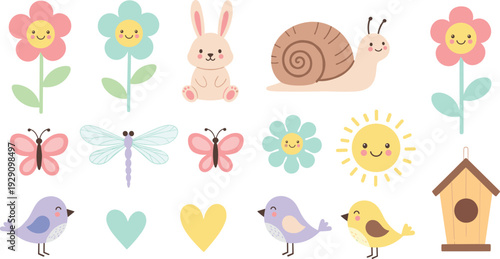 Cute spring garden icon set with bunny snail birds flowers sun and butterflies flat vector illustration collection
