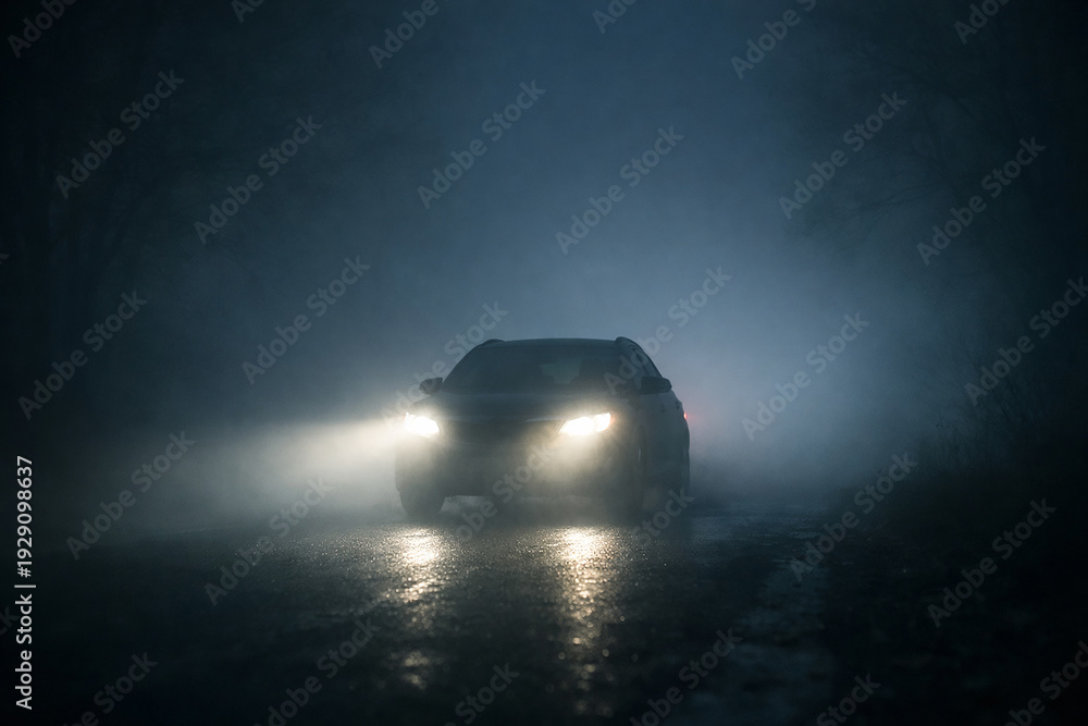 Naklejka premium A car drives through a dark and foggy road with its headlights on
