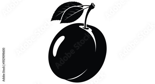 A striking black graphic showcases a single apple with a stem and leaf creating a bold silhouette high quality